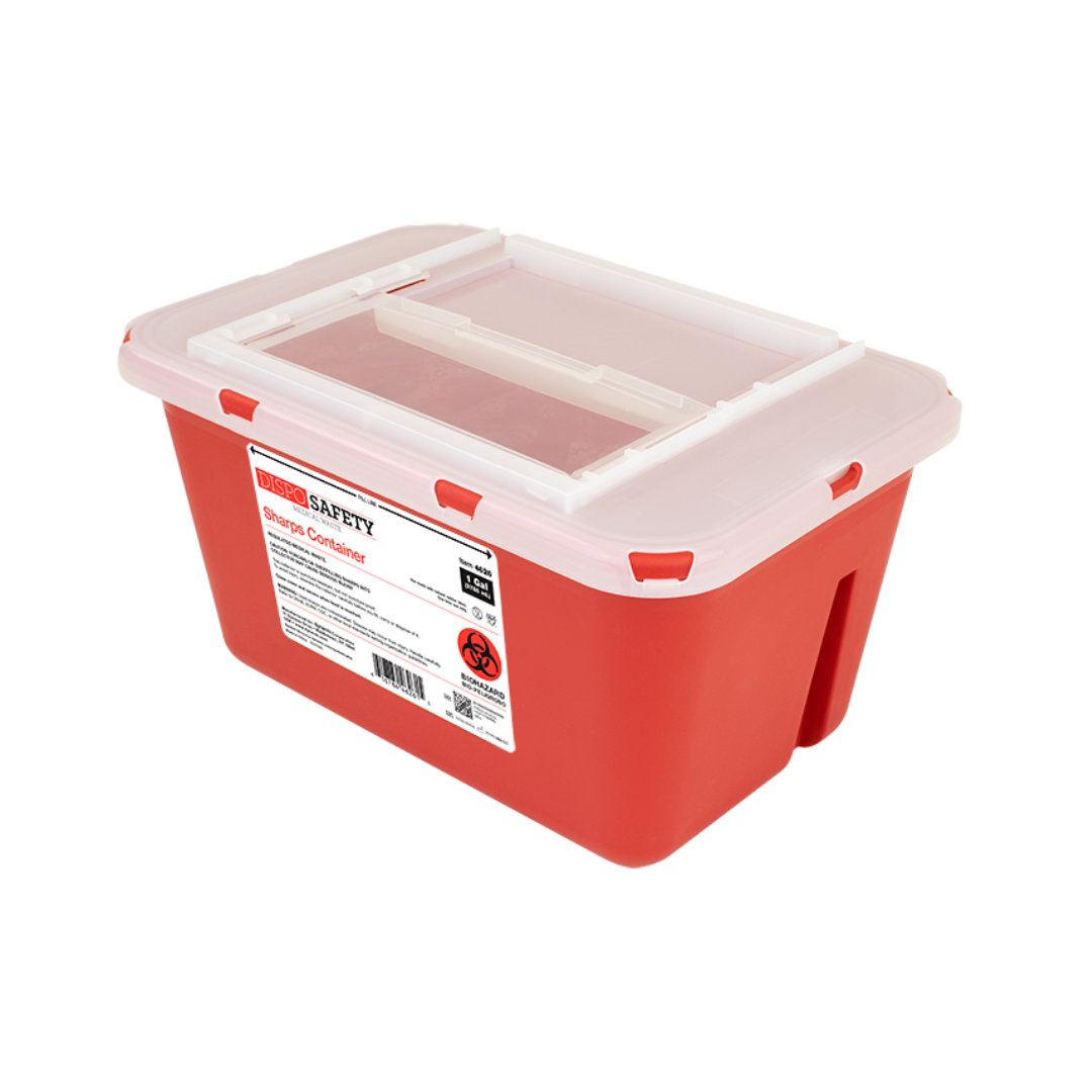 The Dynarex Sharps Containers are rectangular and red with a clear plastic lid and labeled side, designed for secure medical waste disposal of needles and other sharp objects.